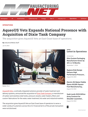 AqueoUS Vets Expands National Presence with Acquisition of Dixie Tank Company